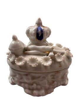 Fairing Box Crown Scepter Floral Vintage Trinket Box Porcelain Lid Antique